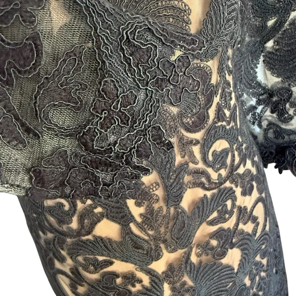 Tadashi Shoji Black Corded Embroidery Tulle 3/4 Sleeve Lace Dress Evening 12 - Picture 7 of 16